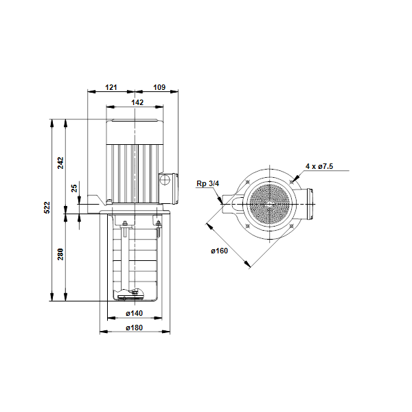 Полупогружной насос Grundfos MTH4-70/6 A-W-A-AUUV артикул 44643276 – габаритный чертеж