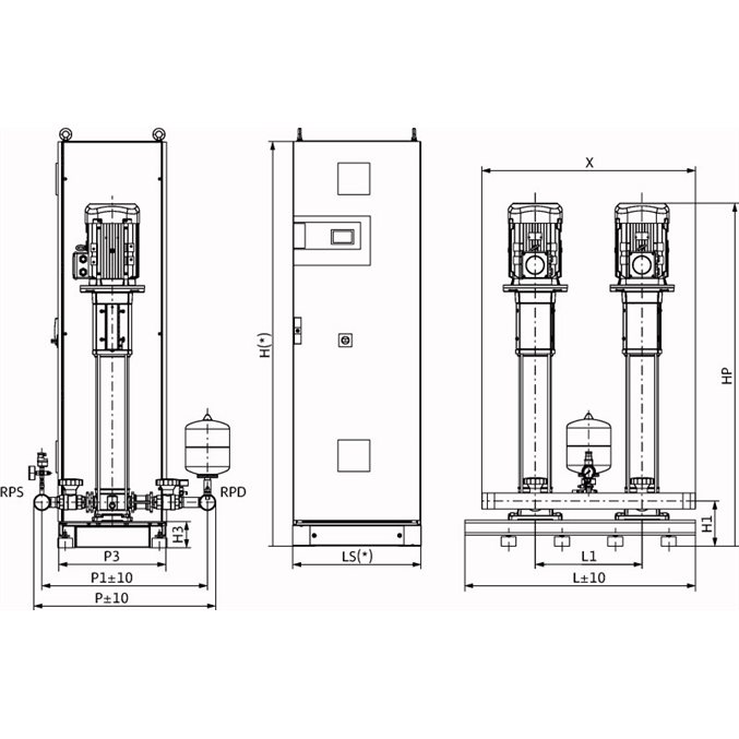 Габаритный чертеж насосной станции Wilo COR-2 HELIX V 1610/CC-EB-R